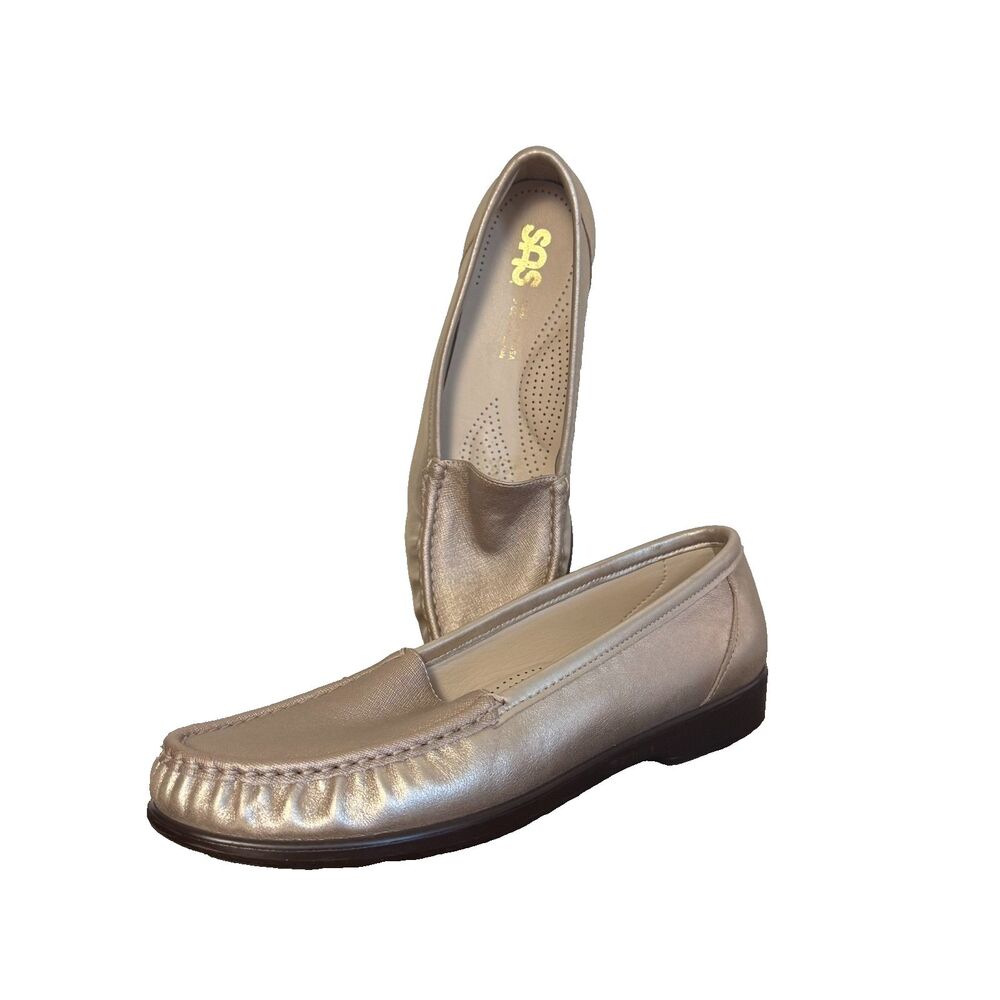 SAS Womens 9.5 S Metallic Gold Leather Loafers Slim Narrow Comfort Shoes USA